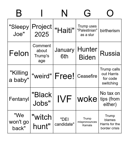 Debate Bingo Card