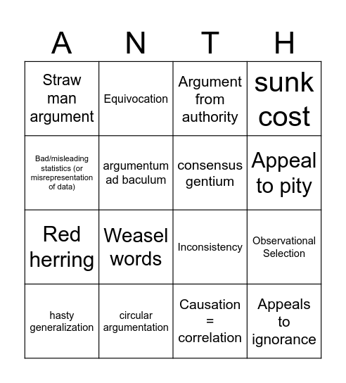 Logical Fallacy Bingo Card