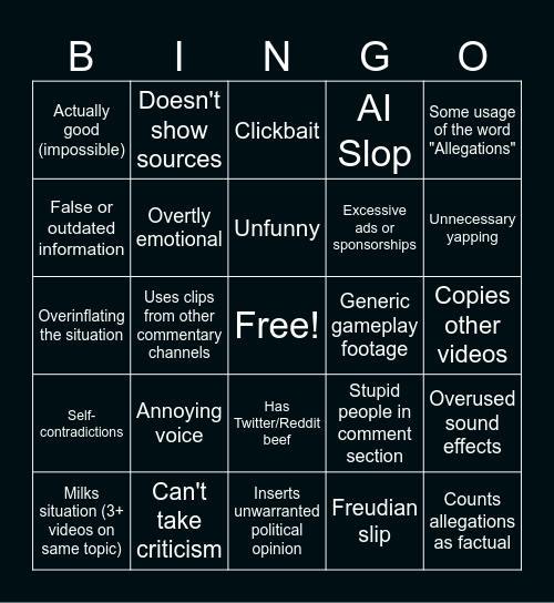 YouTube Commentary Bingo Card