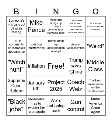PRESIDENTIAL DEBATE BINGO Card