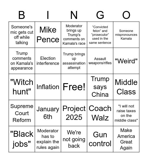 PRESIDENTIAL DEBATE BINGO Card