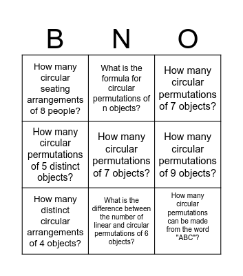Circular Permutations Bingo Card