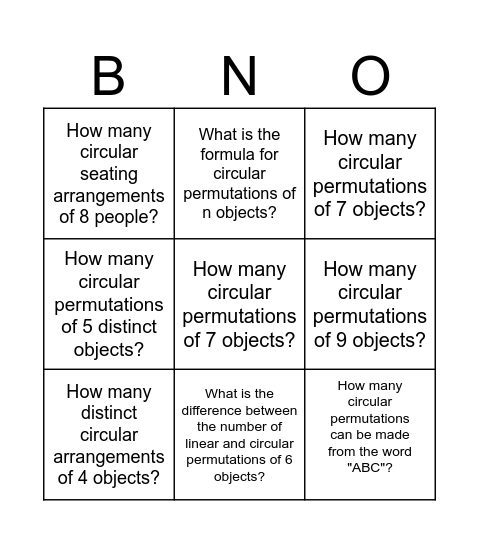 Circular Permutations Bingo Card