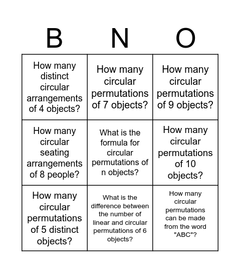 Circular Permutations Bingo Card