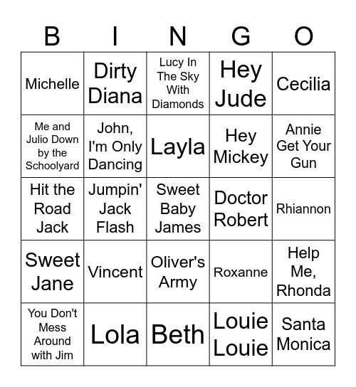 "Name" Songs Bingo Card