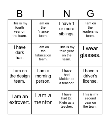 Robotics Icebreaker Bingo Card