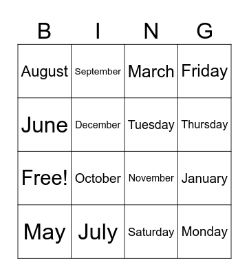 Days of the Week Months of the Year Bingo Card