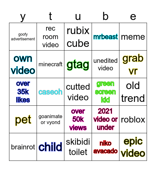 youtube bingo Card