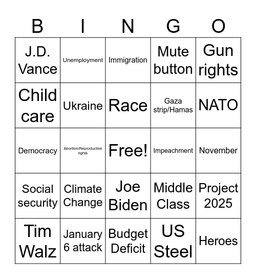 Sept. 2024 Presidential Debate Bingo Card