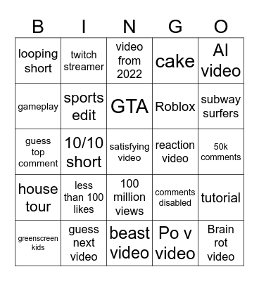 shorts Bingo Card