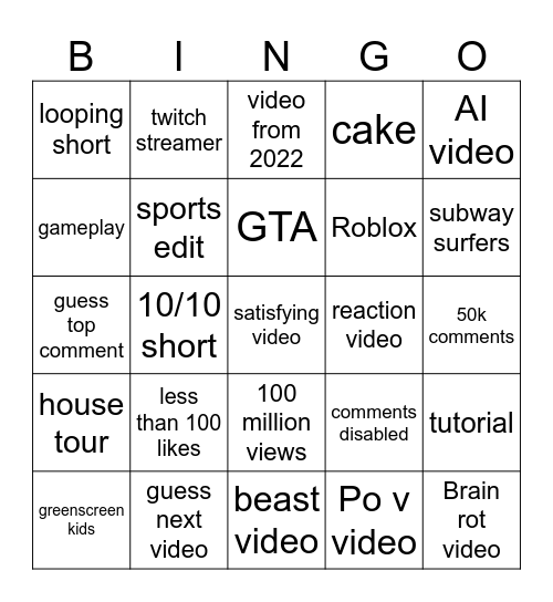 shorts Bingo Card