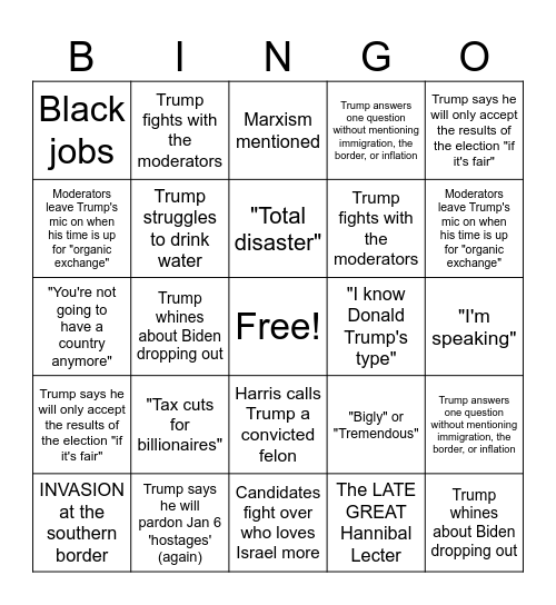 (Second) First Presidential Debate 2024 Bingo Card