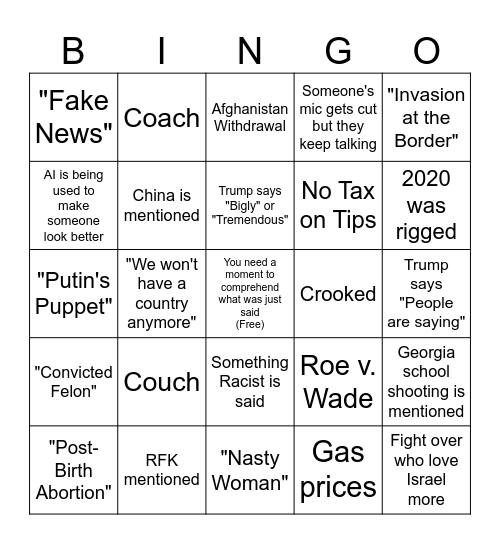 1st Harris/Trump Debate Bingo Card