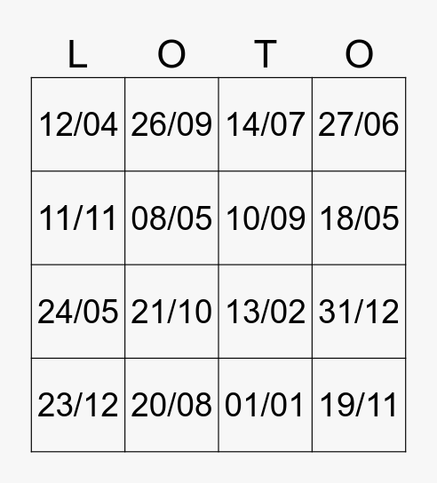 les dates de naissance Bingo Card