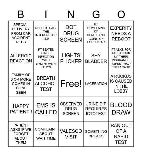 URGENT CARE BINGO Card