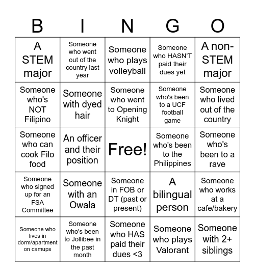 FSA Social Bingo! Bingo Card