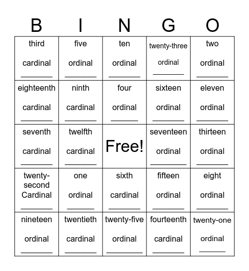 Cardinal and Ordinal numbers Bingo Card