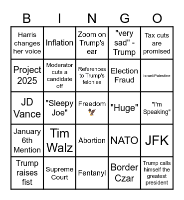 Trump V. Harris Debate Bingo Card