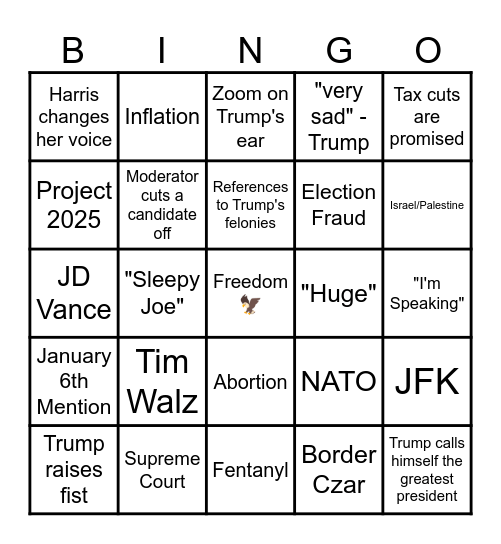 Trump V. Harris Debate Bingo Card