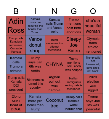 Kamala vs Trump Debate Bingo Card