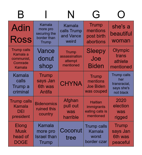 Kamala vs Trump Debate Bingo Card