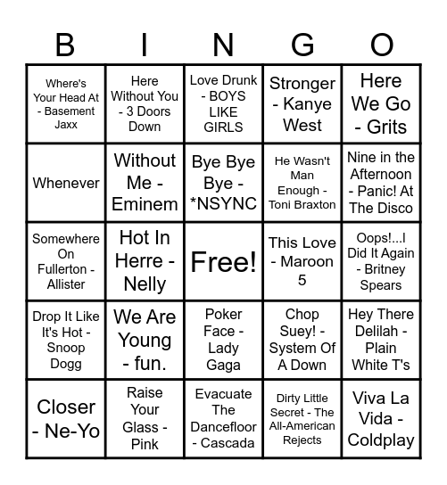 2000's Hits! Bingo Card