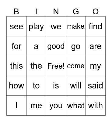 SIGHT WORDS Bingo Card