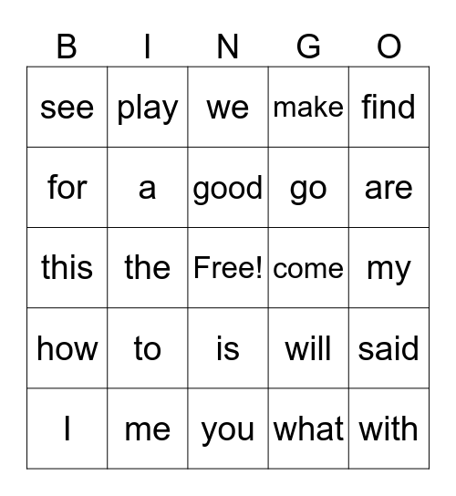 SIGHT WORDS Bingo Card