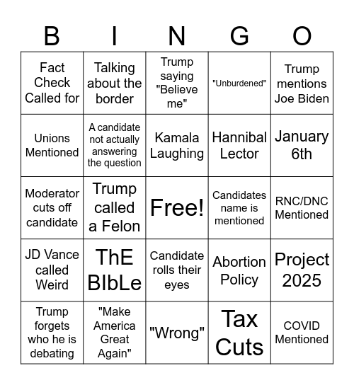 Debate Bingo Card