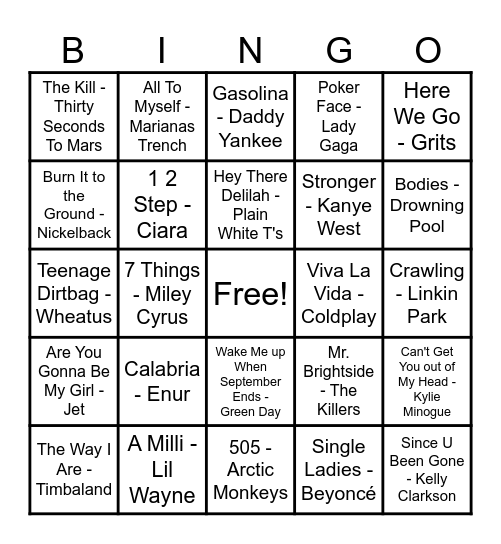2000's Hits! Bingo Card