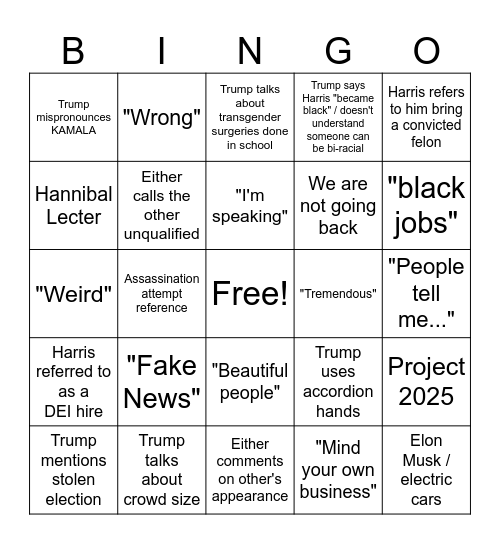 2024 Presidential Debate Bingo Card