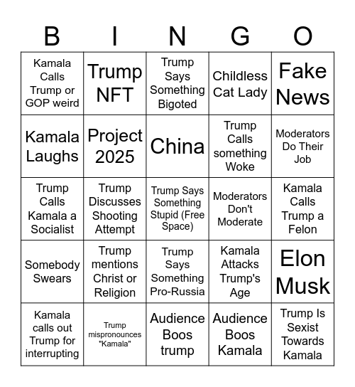 9/10/24 US Debate Bingo Card