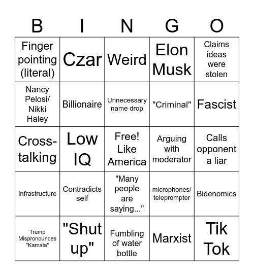 Presidential Depate September 2024 Bingo Card