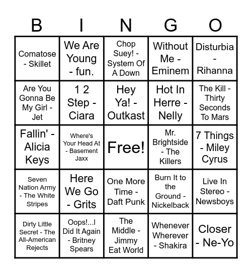 2000's Hits! Bingo Card