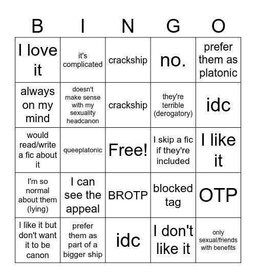 Ship opinion bingo Card