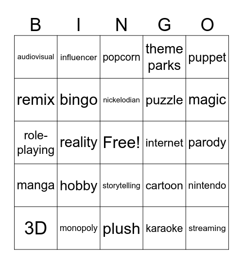 Entertainment Bingo Card