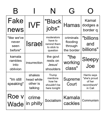 Trump v Harris Bingo Card