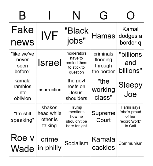 Trump v Harris Bingo Card