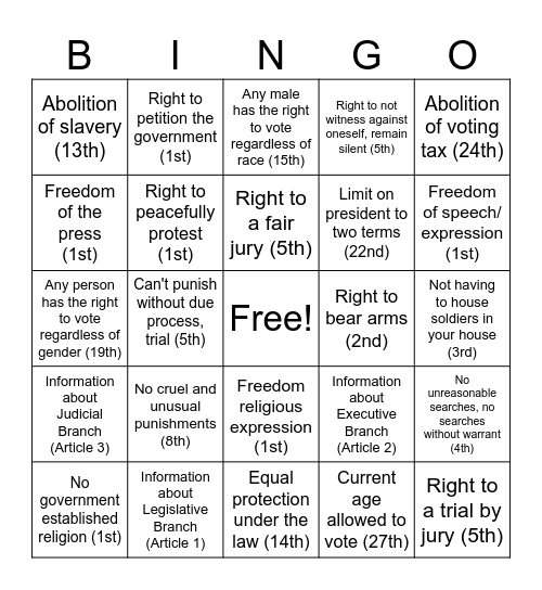 Constitution Bingo Card