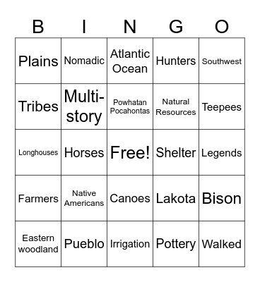 Native American Bingo Card