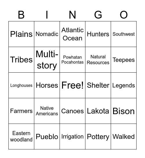 Native American Bingo Card