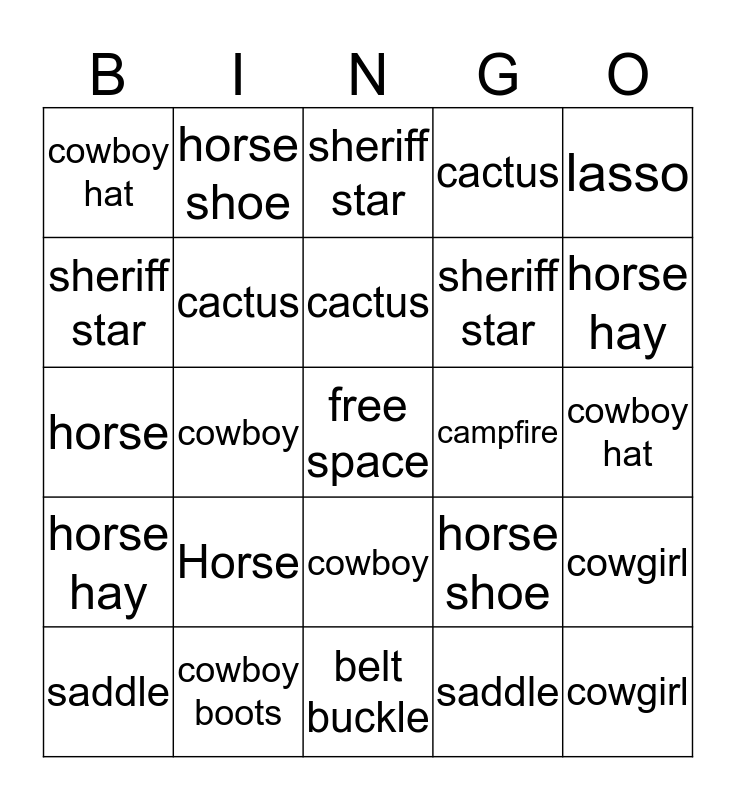 Wild Wild West Bingo Card