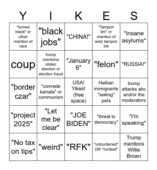 TRUMP HARRIS DEBATE Bingo Card