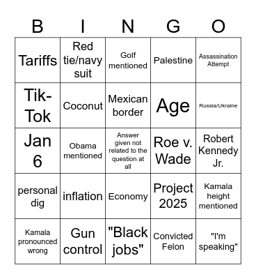 Presidential Debate Bingo Card