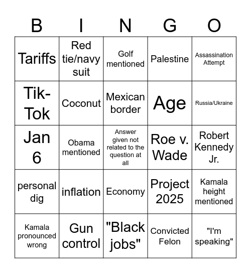 Presidential Debate Bingo Card