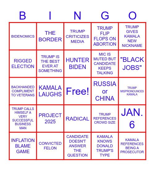 2024 Presidential Debate Bingo Card