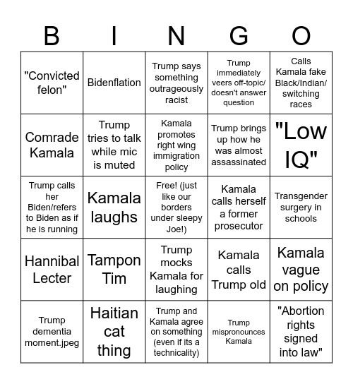 Presidential Debate Bingo Card