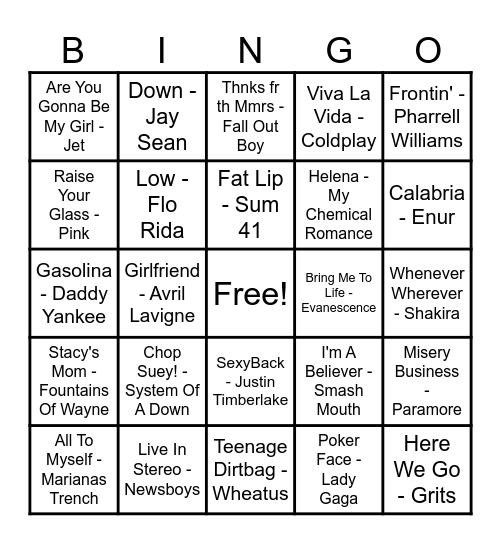 2000's Hits! Bingo Card
