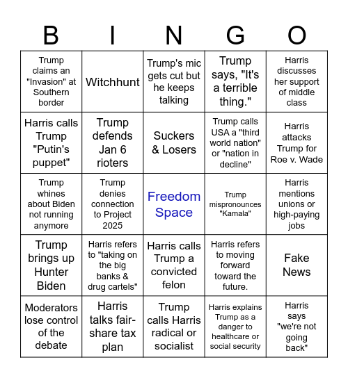 2024 Harris v. Trump Debate Bingo Card