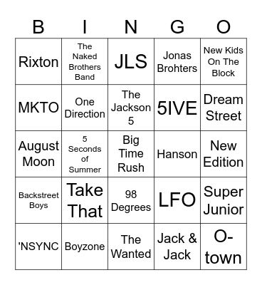 Boy Band Bingo Card